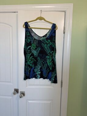 ellos Black Tank Top with Green & Blue Leaf Print